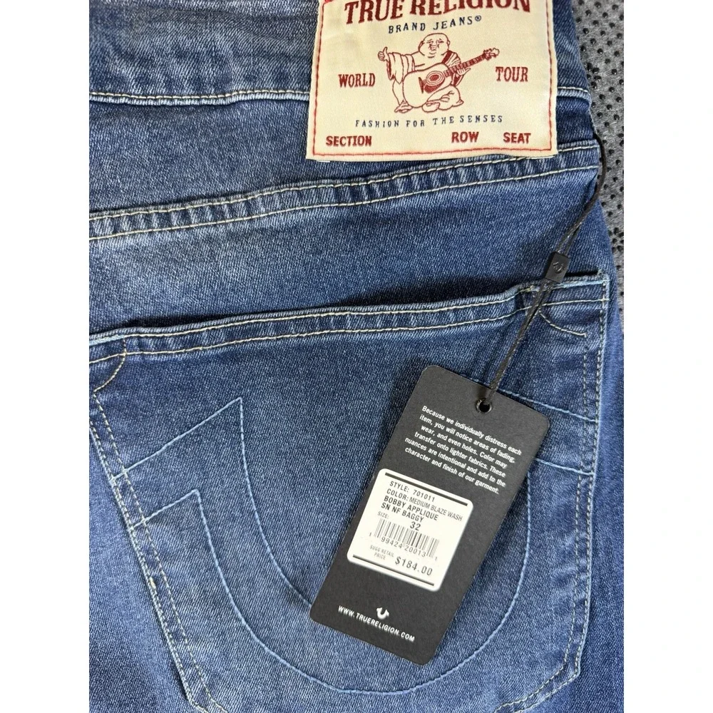 True Religion Bobby Applique Relaxed Baggy Jeans 32x32 Medium Blaze Wash New